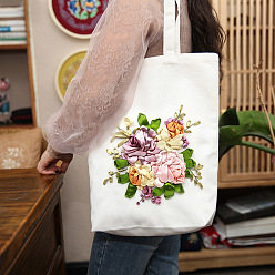 Цветок Diy холст большая сумка набор для вышивки лентами, включая иглы для вышивания и нитки, белая хлопчатобумажная ткань, пяльцы для вышивки имитация бамбука, цветочным узором, 390x340 мм