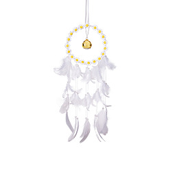 Blanco Telaraña/red tejida con adornos colgantes de plumas, Amuleto de lágrima de vidrio para decoraciones colgantes de jardín al aire libre en el hogar, blanco, 600x160 mm