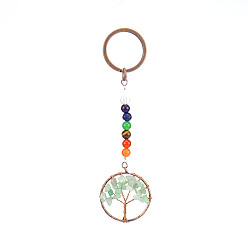 Green Aventurine Flat Round with Tree of Life Natural Green Aventurine Chips Keychains, with Chakra Round Gemstone and Brass Findings, for Car Backpack Pendant Accessories, 10.5cm