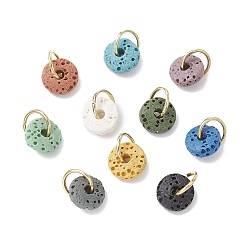 Golden Natural Lava Rock Dyed Disc Charms, with 304 Stainless Steel Open Jump Rings, Golden, 8x3.2mm, Hole: 5x2mm