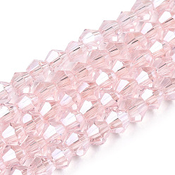 BrumosaRosa Transparentes cuentas de vidrio electroplate hebras, lustre de la perla chapado, facetados, bicono, rosa brumosa, 3x2.5 mm, agujero: 0.7 mm, sobre 162~185 unidades / cadena, 12.76~14.61 pulgada (32.4~37.1 cm)