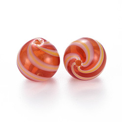 Coral Transparent Handmade Blown Glass Globe Beads, Stripe Pattern, Round, Crimson, 19.5~20.5mm, Hole: 1.5~2mm