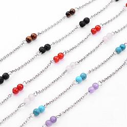 Mixed Color Handmade Round Gemstone Beads Chains for Necklaces Bracelets Making, with 316 Surgical Stainless Steel Cable Chains, Unwelded, Mixed Color, 39.37 inch(1m)