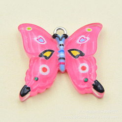Hot Pink Transparent Resin Pendants, with Platinum Tone Iron Loops, Butterfly Charms, Hot Pink, 23x24.5x5mm, Hole: 2mm