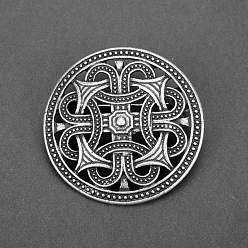 Antique Silver Viking Knot Alloy Brooches for Men, Flat Round, Antique Silver, 35mm
