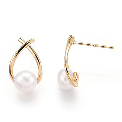 Real 18K Gold Plated Natural Pearl Teardrop Stud Earrings, Brass Earrings with 925 Sterling Silver Pins, Cadmium Free & Nickel Free & Lead Free, Real 18K Gold Plated, 16.5x10mm, Pin: 0.8mm