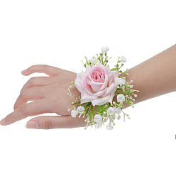 Rose Nacré Corsage de poignet en tissu de soie imitation rose, fleur à la main pour la mariée ou la demoiselle d'honneur, mariage, décorations de fête, perle rose, 100x90mm