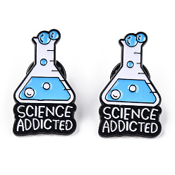 Deep Sky Blue Chemical Theme Enamel Pin, Electrophoresis Black Zinc Alloy Brooch for Backpack Clothes, Flask & Word Science Addicted, Deep Sky Blue, 30x17.5x1.5mm