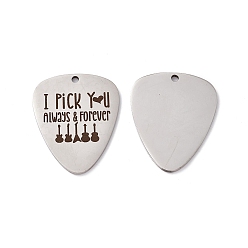 Stainless Steel Color 201 Stainless Steel Pendants, Guitar Pick Charm, Laser Cut, with Word I'd Pick You Always & Forever, Stainless Steel Color, 38x25x1.5mm, Hole: 2.2mm