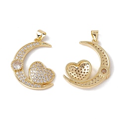 Real 18K Gold Plated Brass Micro Pave Clear Cubic Zirconia Pendants, Cadmium Free & Nickel Free & Lead Free, Rack Plating, Moon with Heart, Real 18K Gold Plated, 28x22.5x4mm, Hole: 3.5x5mm