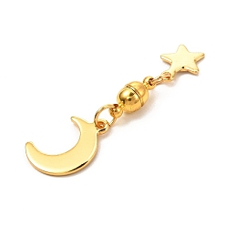 Golden Round Brass Magnetic Clasps with Loops, with 304 Stainless Steel Charms & Jump Rings, Moon & Star, Golden, 40mm