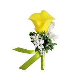 Jaune Boutonnière corsage fleur imitation cuir pu, pour homme ou marié, garçons d'honneur, mariage, décorations de fête, jaune, 120x60mm