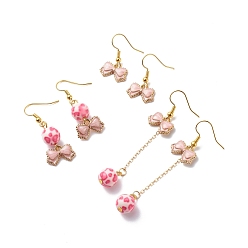 Bowknot 3 Pairs 3 Style Pink Alloy Enamel Charms & Resin Beads Dangle Earrings, Valentine Theme Brass Jewelry for Women, Golden, Bowknot Pattern, 26~65mm, Pin: 0.5mm