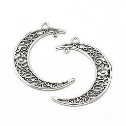 Antique Silver Tibetan Style Alloy  2-Loop Link Pendants, Crescent Moon, Cadmium Free & Lead Free, Antique Silver, 41x30x1.5mm, Hole: 2mm & 1mm, about 380pcs/1000g