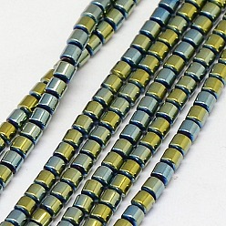 Green Plated Electroplate Non-magnetic Synthetic Hematite Beads Strands, Column, Grade A, Green Plated, 3x3mm, Hole: 1mm, about 127pcs/strand, 16 inch