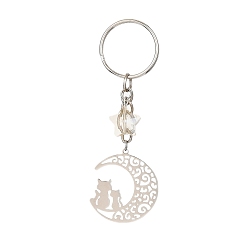 Couleur Acier Inoxydable Porte-clés chat lune creuse en acier inoxydable, avec anneau porte-clés en fer et pendentif étoile en verre, couleur inox, 8.7 cm
