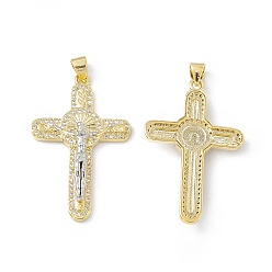 Real Gold Plated & Real Platinum Plated Rack Plating Eco-friendly Brass Pendants, Micro Pave Clear Cubic Zirconia, Long-Lasting Plated, Lead Free & Cadmium Free, Religion Crucifix Cross Charm, Real 18K Gold Plated & Real Platinum Plated, 37x23x4.5mm, Hole: 4x3mm