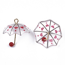 Red Printed Acrylic Pendants, ABS Plastic Imitation Pearl and Golden Plated Brass Loops, 3D Umbrella with Heart Pattern, Red, 20~21x20x20mm, Hole: 1.6mm
