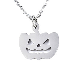 Stainless Steel Color Halloween Theme, 201 Stainless Steel Pendants Necklaces, with Cable Chains and Lobster Claw Clasps, Pumpkin Jack-O'-Lantern, Stainless Steel Color, 15-3/4 inch(40cm), 1.5mm