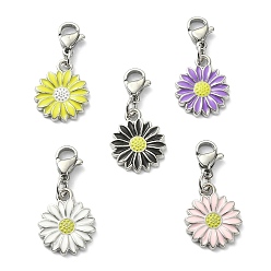 Platinum Alloy Enamel Pendant Decorations, with Stainless Steel Lobster Claw Clasps, Flower, Platinum, 27.5mm