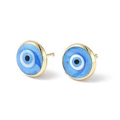 Bleu Ciel Clair Boucles d'oreilles en émail mauvais œil, bijoux en laiton plaqué or véritable 18k pour femmes, lumière bleu ciel, 12mm, pin: 0.8 mm