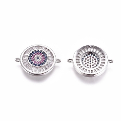 Platinum Brass Micro Pave Cubic Zirconia Links connectors, Flat Round with Evil Eye, Colorful, Platinum, 20x15x3mm, Hole: 1mm