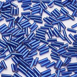 Royal Blue Glass Bugle Beads, Silver Lined, Royal Blue, 12x2mm, Hole: 0.5mm, about 5000pcs/bag