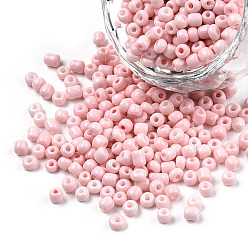 BrumosaRosa 8/0 bolas de semilla de vidrio para hornear pintura, agujero redondo, rondo, rosa brumosa, 3~3.5x2 mm, agujero: 1~1.2 mm, sobre 10000 unidades / libra