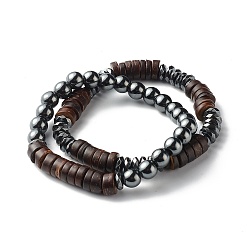 Noir Perles d'hématite synthétiques ensembles de bracelets extensibles pour hommes femmes, bracelet de perles de noix de coco donut teint, noir, diamètre intérieur: 2-1/4~2-3/8 pouce (5.7~6 cm), 2 pièces / kit