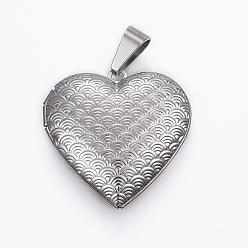 Stainless Steel Color 316 Stainless Steel Locket Pendants, Photo Frame Charms for Necklaces, Heart, Stainless Steel Color, 29x29x7mm, Hole: 9x5mm, Inner Size: 17x21.5mm