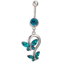 Blue Zircon Piercing Jewelry Real Platinum Plated Brass Rhinestone Double Butterfly Navel Ring Belly Rings, Blue Zircon, 51x17mm, Bar Length: 3/8"(10mm), Bar: 14 Gauge(1.6mm)