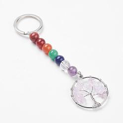 Quartz Crystal Gemstone and Natural Quartz Crystal Chakra Keychain, with Alloy Key Rings and Brass Pendants, Ring with Tree of Life, Platinum, 123mm
