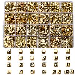 Letter A~Z Acrylic Beads, Horizontal Hole, Metallic Plated, Cube with Letter, Letter A~Z, 934pcs/box