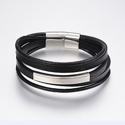 Negro Cordón de cuero trenzado pulseras de varias vueltas de los hombres, con 304 fornituras de acero inoxidable, Rectángulo, negro, 8-1/4 pulgada (210 mm), 12~25x3~8 mm