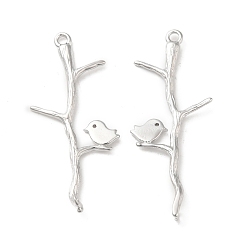 Real Platinum Plated Brass Pendants, Branch with Bird Charm, Real Platinum Plated, 35.5x15x2mm, Hole: 1.2mm