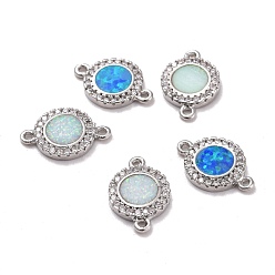 Platinum Brass Micro Pave Cubic Zirconia Links, with Synthetic Opal, Flat Round, Platinum, 14.5x10x2mm, Hole: 1mm