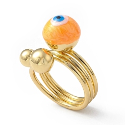 Dark Orange Enamel Round with Evil Eye Finger Rings, Real 18K Gold Plated Brass Wrap Style Ring for Women, Dark Orange, 5.5~19.5mm, Inner Diameter: 18mm