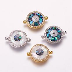 Mixed Color Brass Micro Pave Cubic Zirconia Links, with Freshwater Shell, Flat Round, Mixed Color, 13x17.5x3.5mm, Hole: 1mm