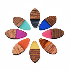 Mixed Color Transparent Resin & Walnut Wood Pendants, Teardrop Shape Charm, Mixed Color, 38x18x3mm, Hole: 2mm