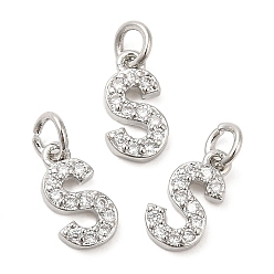 Real Platinum Plated Brass Micro Pave Grade AAA Cubic Zirconia Charms, Letter S, Cadmium Free & Nickel Free & Lead Free, Real Platinum Plated, 9x5x1.5mm, Hole: 2mm