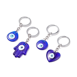 Bleu Porte-clés pendentifs mauvais œil au chalumeau fait à la main, avec porte-clés en alliage, coeur & plat rond & hamsa main & larme, bleu, 9~10.9 cm