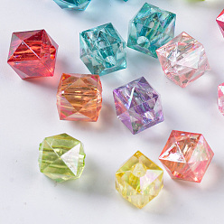Couleur Mélangete Perles acryliques transparentes, de couleur plaquée ab , facette, cube, couleur mixte, 9.5x9.5x9mm, trou: 2.5 mm, environ 1160 pcs / 500 g