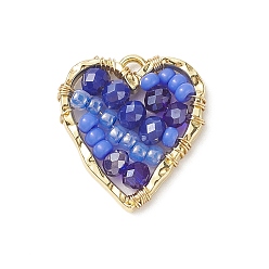Bleu Moyen  Pendentif en perles de verre et graines du japon, avec des apprêts en alliage plaqué or véritable 18k, cœur, bleu moyen, 22.5x21x4mm, Trou: 1.5mm