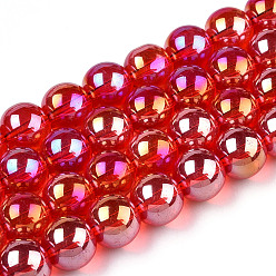 Roja Electroplate transparentes cuentas de vidrio hebras, color de ab chapado, rondo, rojo, 9.5~10 mm, agujero: 1.5 mm, sobre 40~42 unidades / cadena, 14.76~15.12 pulgada (37.5~38.4 cm)
