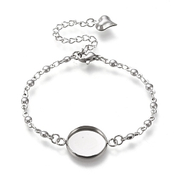 Stainless Steel Color 304 Stainless Steel Bracelet Making, with Lobster Claw Clasps and Flat Round Cabochon Settings, Stainless Steel Color, Tray: 12mm, 6-1/8 inch(15.5cm)