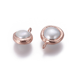 Or Rose Pendentifs de perles d'eau douce de culture naturelle, avec les accessoires en laiton, nuggets, blanc, or rose, 17~18.5x13~15x8~9.5mm, Trou: 2.5mm