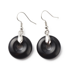 Obsidian Natural Obsidian Donut Dangle Earrings, Platinum Plated Brass Jewelry for Women, Cadmium Free & Lead Free, 41mm, Pin: 0.6mm