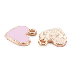 Perlas de Color Rosa Encantos del esmalte de la aleación, corazón, dorado, rosa perla, 12x11x1.5 mm, agujero: 1.5 mm