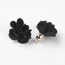 Noir Décorations de pendentif en tissu, avec les accessoires acryliques, fleur, noir, 25~30x28~35mm, Trou: 2mm