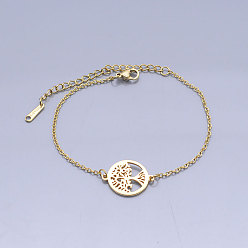 Golden 201 Stainless Steel Link Bracelets, with Lobster Claw Clasps, Tree of Life with Flat Round, Golden, 6-5/8 inch(16.8~16.9cm)